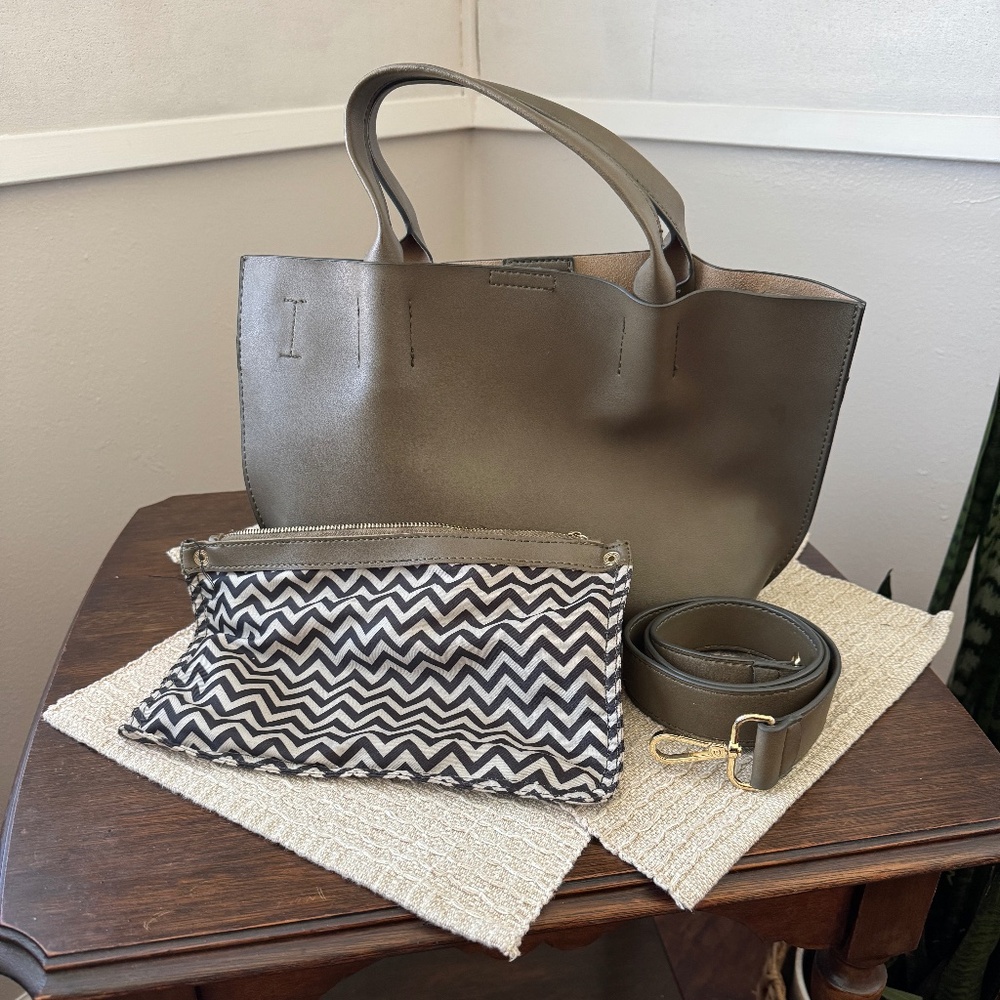 Dark olive green PU  leather purse/bag with matching interior bag and strap